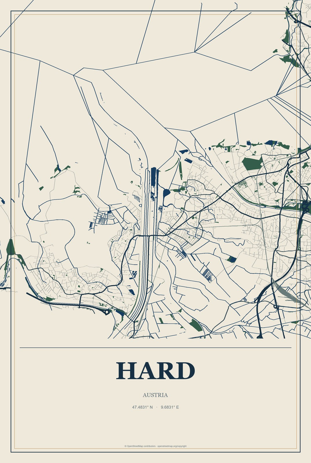 Hard, Austria City Map Aluminum Sign in Coastal Cutout style