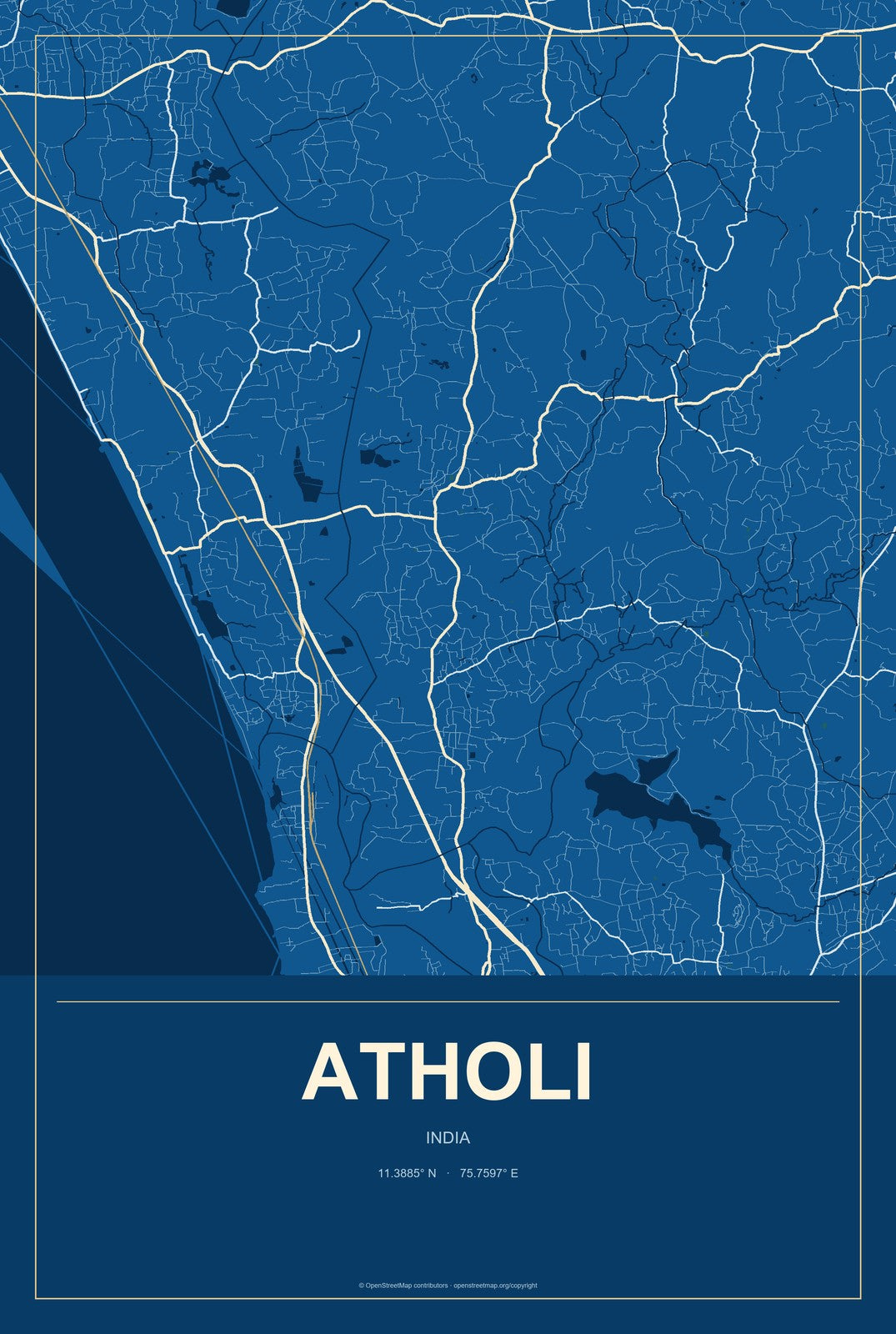 Atholi, India City Map Aluminum Sign in Harbor Cobalt style