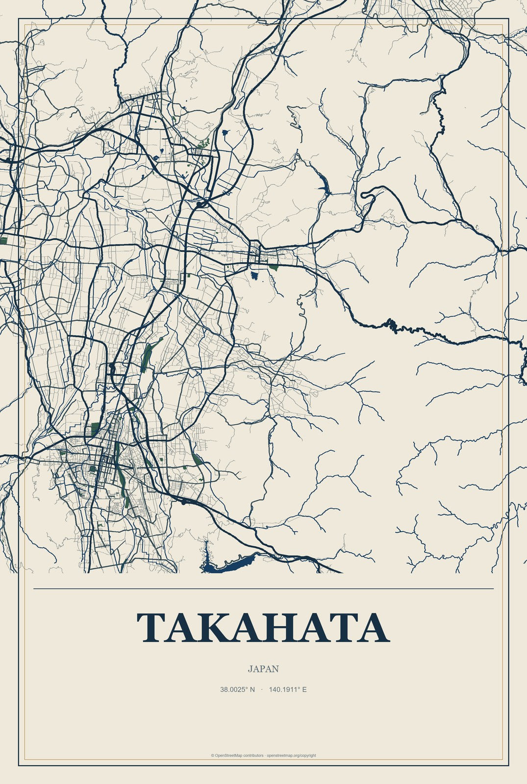Takahata, Japan City Map Aluminum Sign in Coastal Cutout style