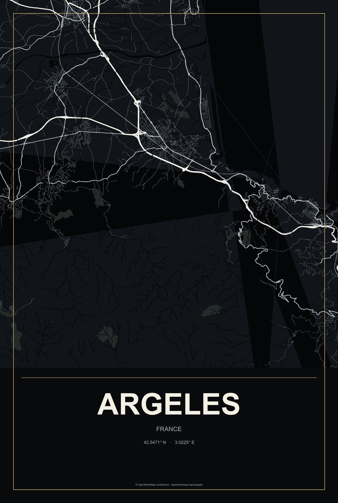 Argeles, France City Map Aluminum Sign in Metropolitan Noir style
