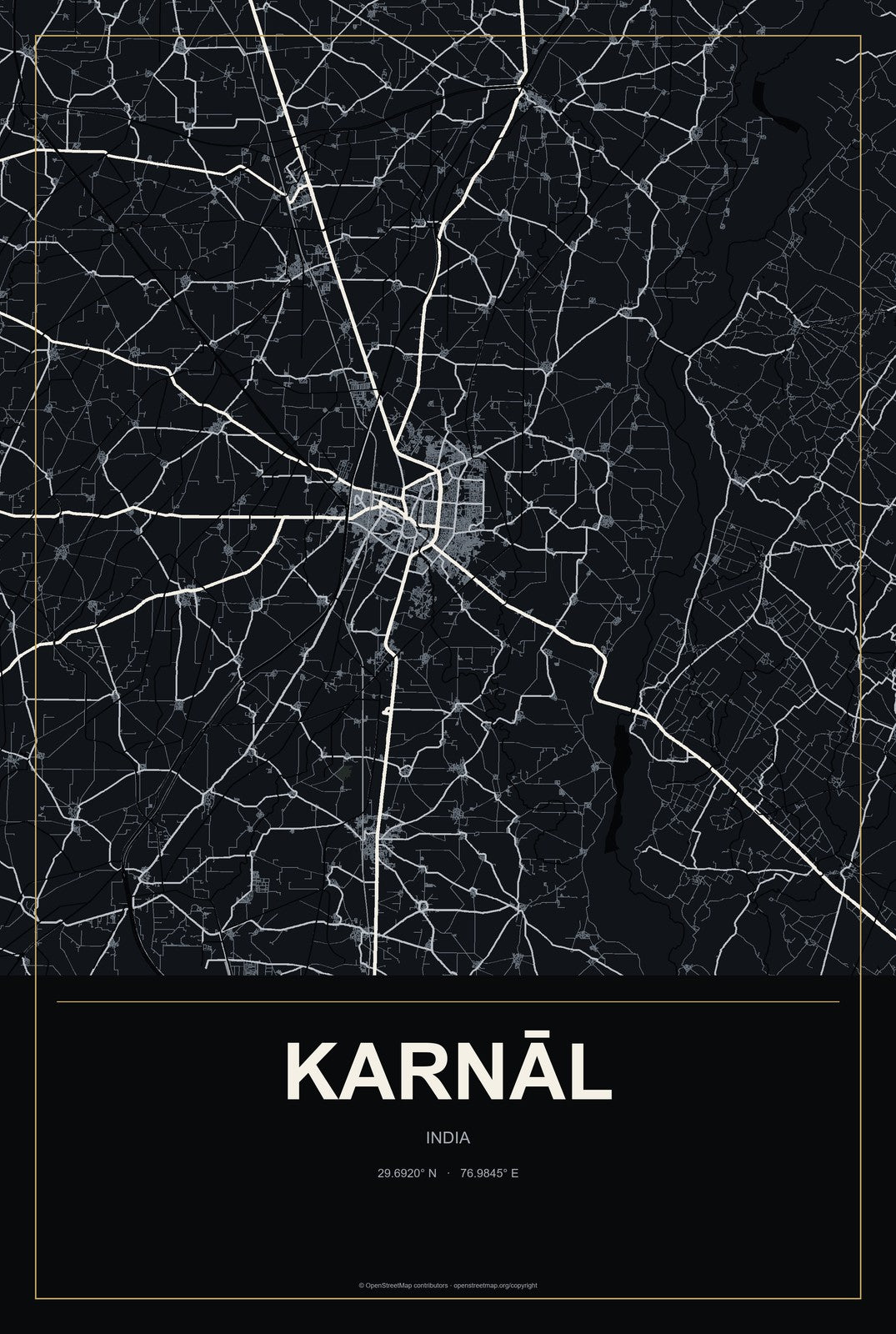 Karnāl, India City Map Aluminum Sign in Metropolitan Noir style