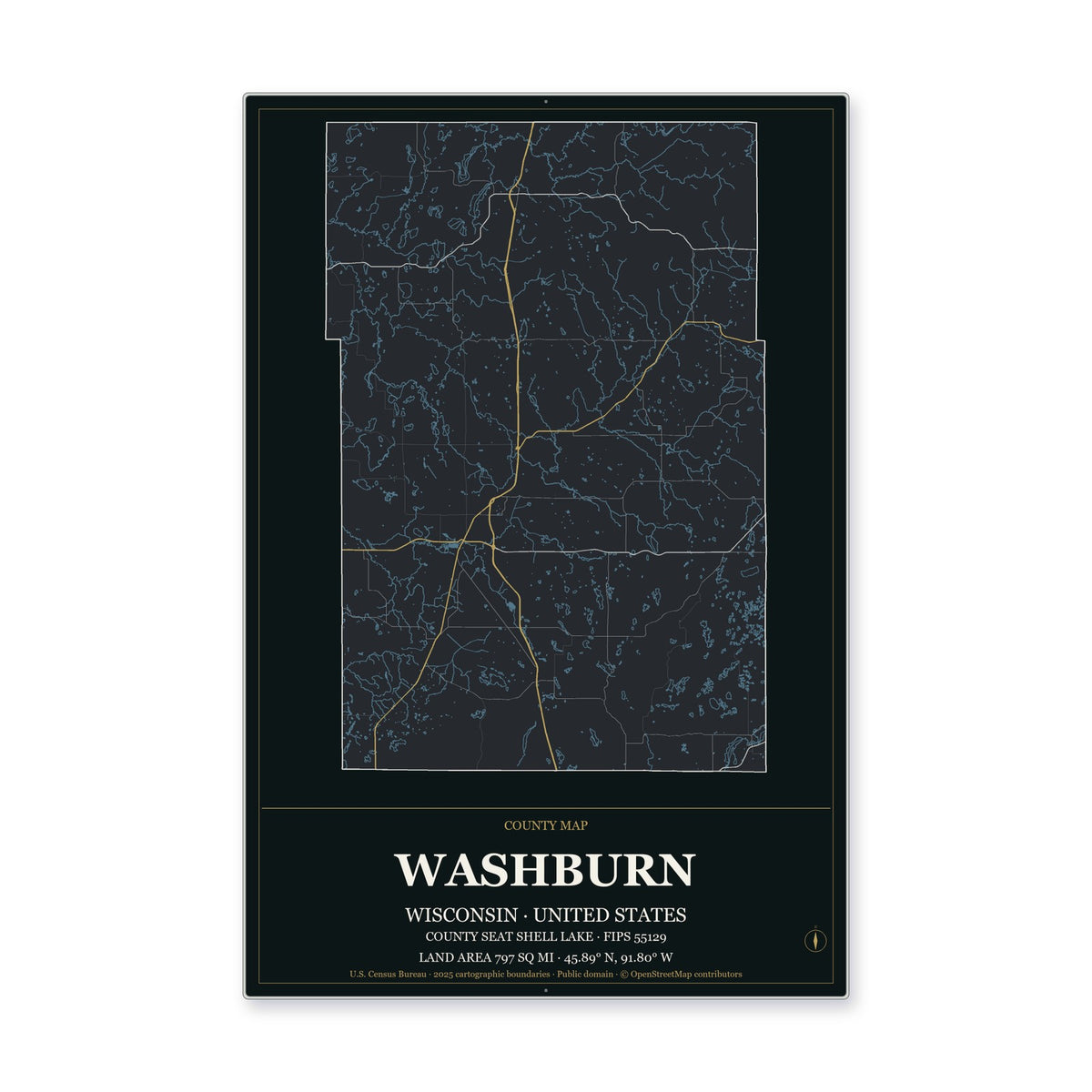 Washburn County, Wisconsin Map Aluminum Sign in Metropolitan Noir style