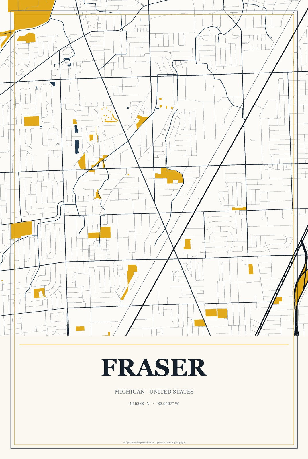 Fraser, Michigan City Map Aluminum Sign in Citrine Modern style
