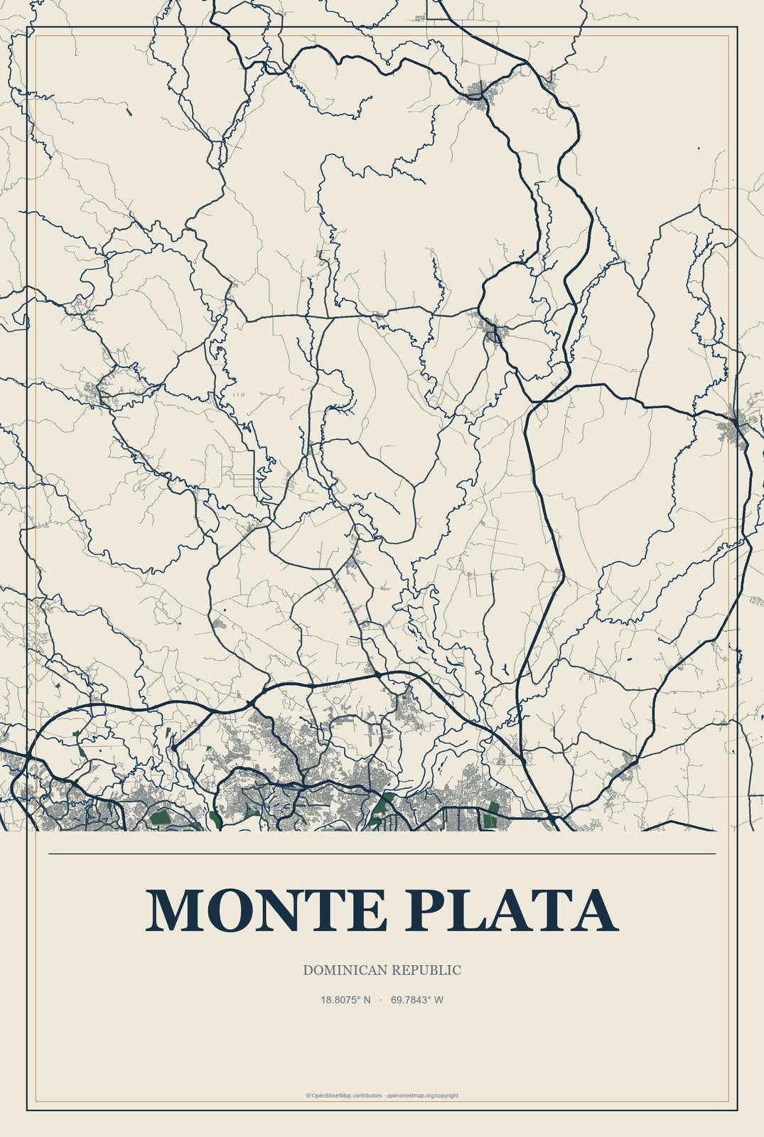 Monte Plata, Dominican Republic City Map Aluminum Sign in Coastal Cutout style