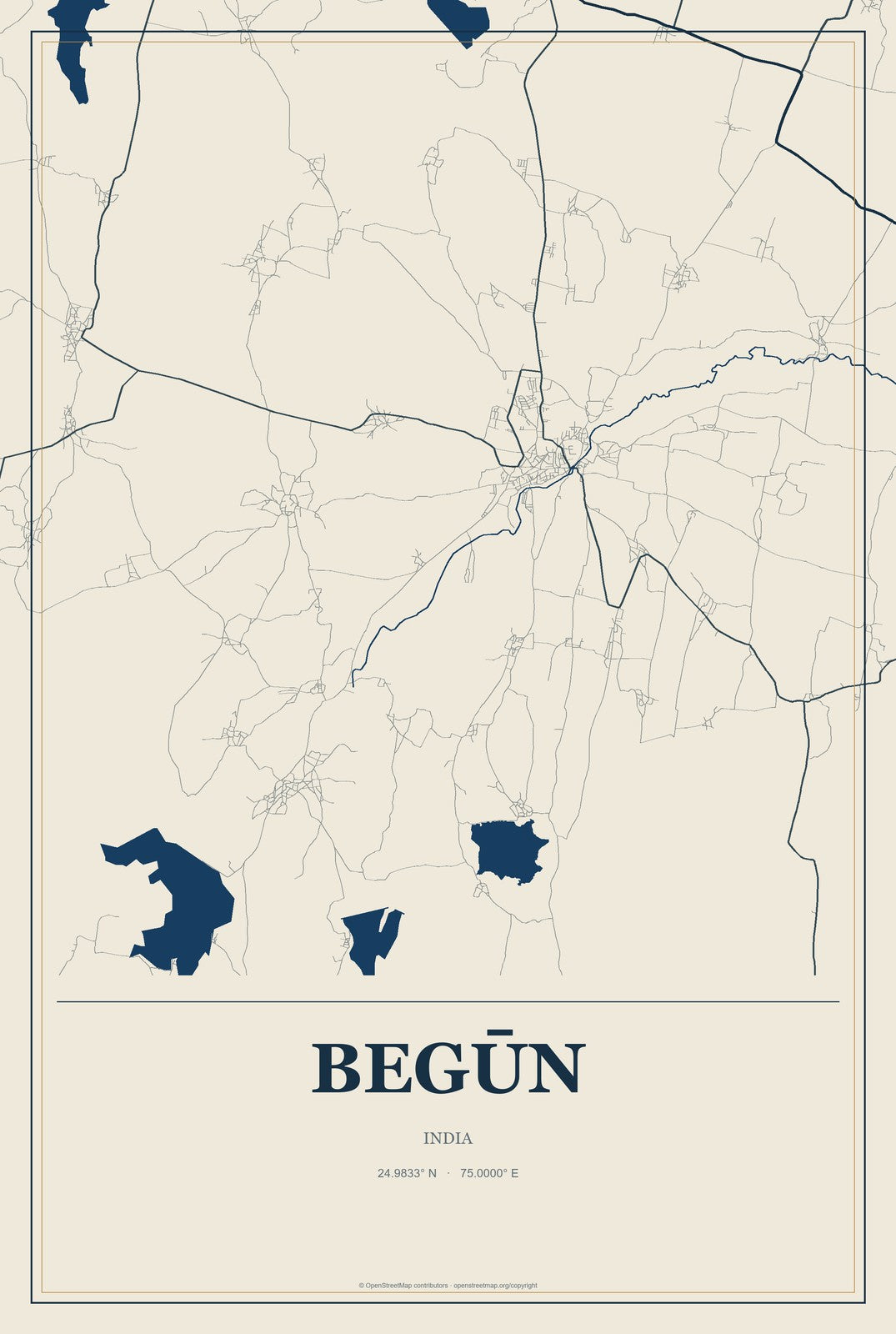 Begūn, India City Map Aluminum Sign in Coastal Cutout style