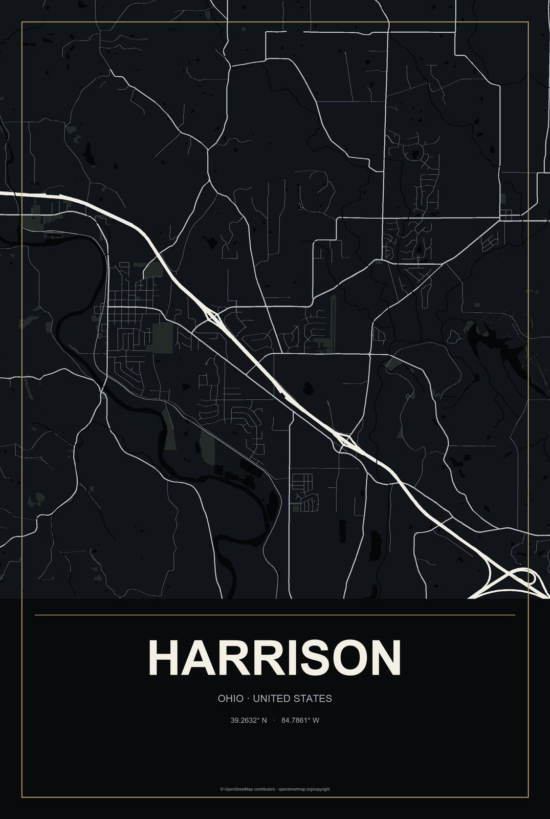 Harrison, Ohio City Map Aluminum Sign in Metropolitan Noir style