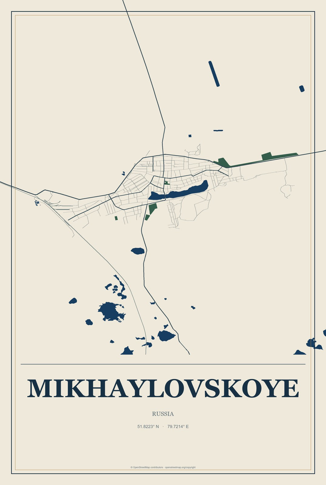 Mikhaylovskoye, Altai Krai, Russia City Map Aluminum Sign in Coastal Cutout style
