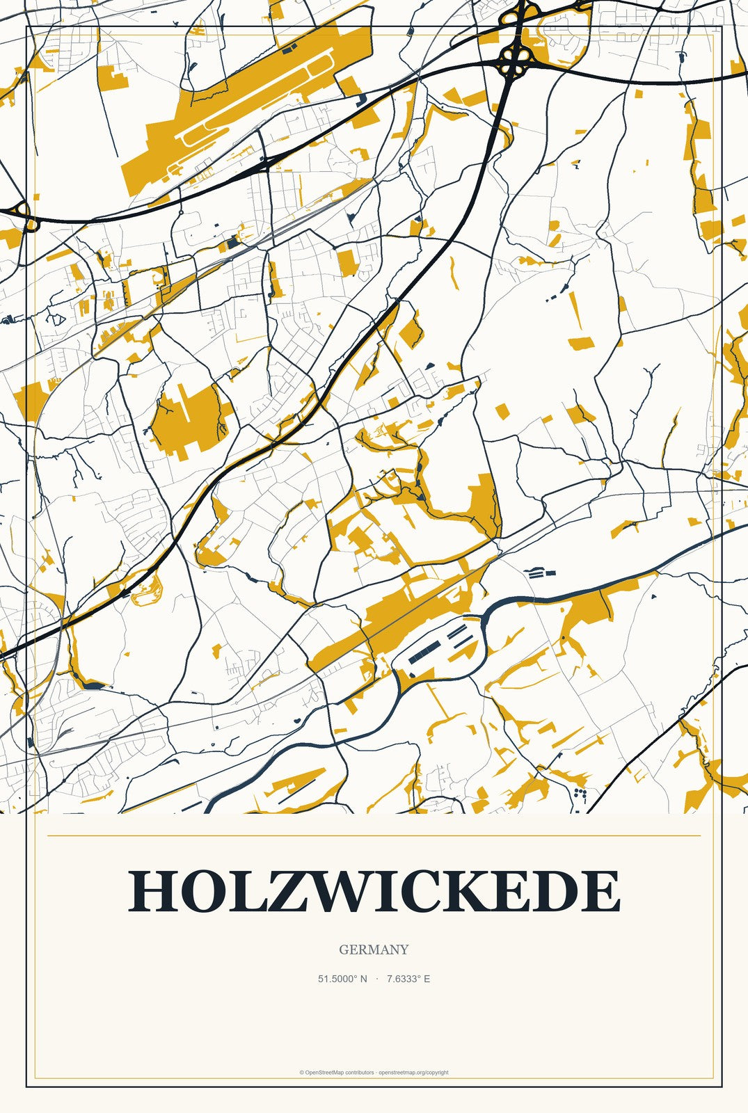 Holzwickede, Germany City Map Aluminum Sign in Citrine Modern style