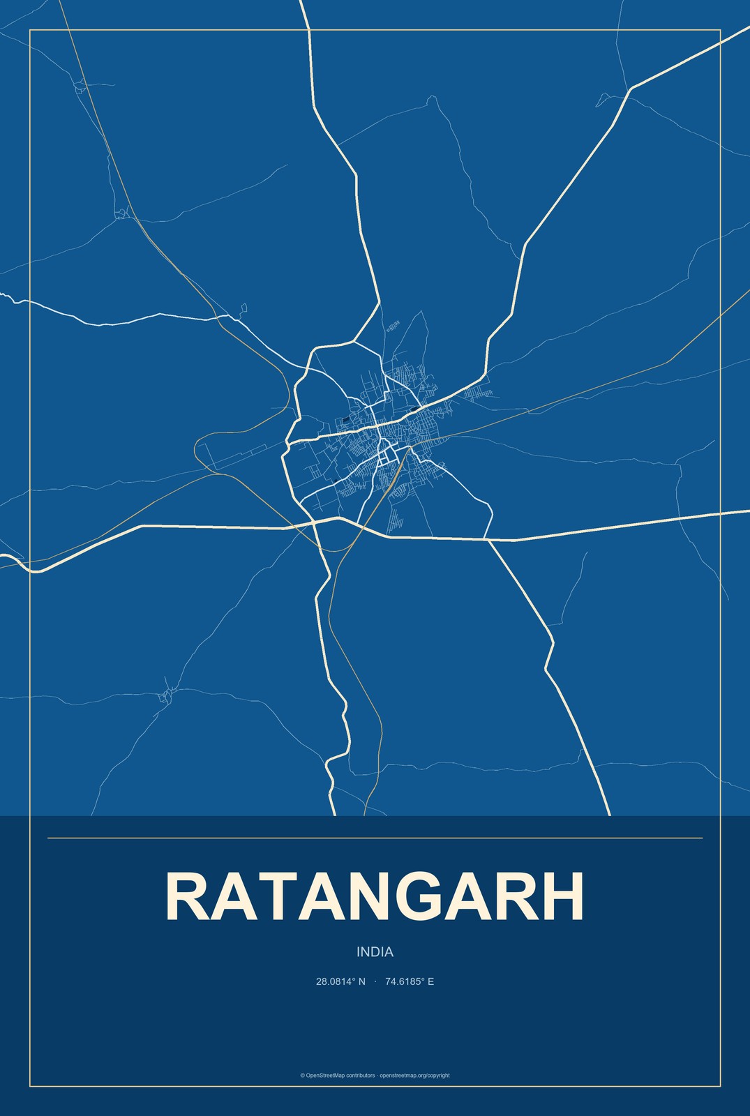 Ratangarh, India City Map Aluminum Sign in Harbor Cobalt style