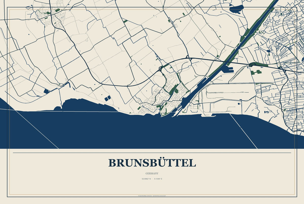 Brunsbüttel, Germany City Map Aluminum Sign in Coastal Cutout style