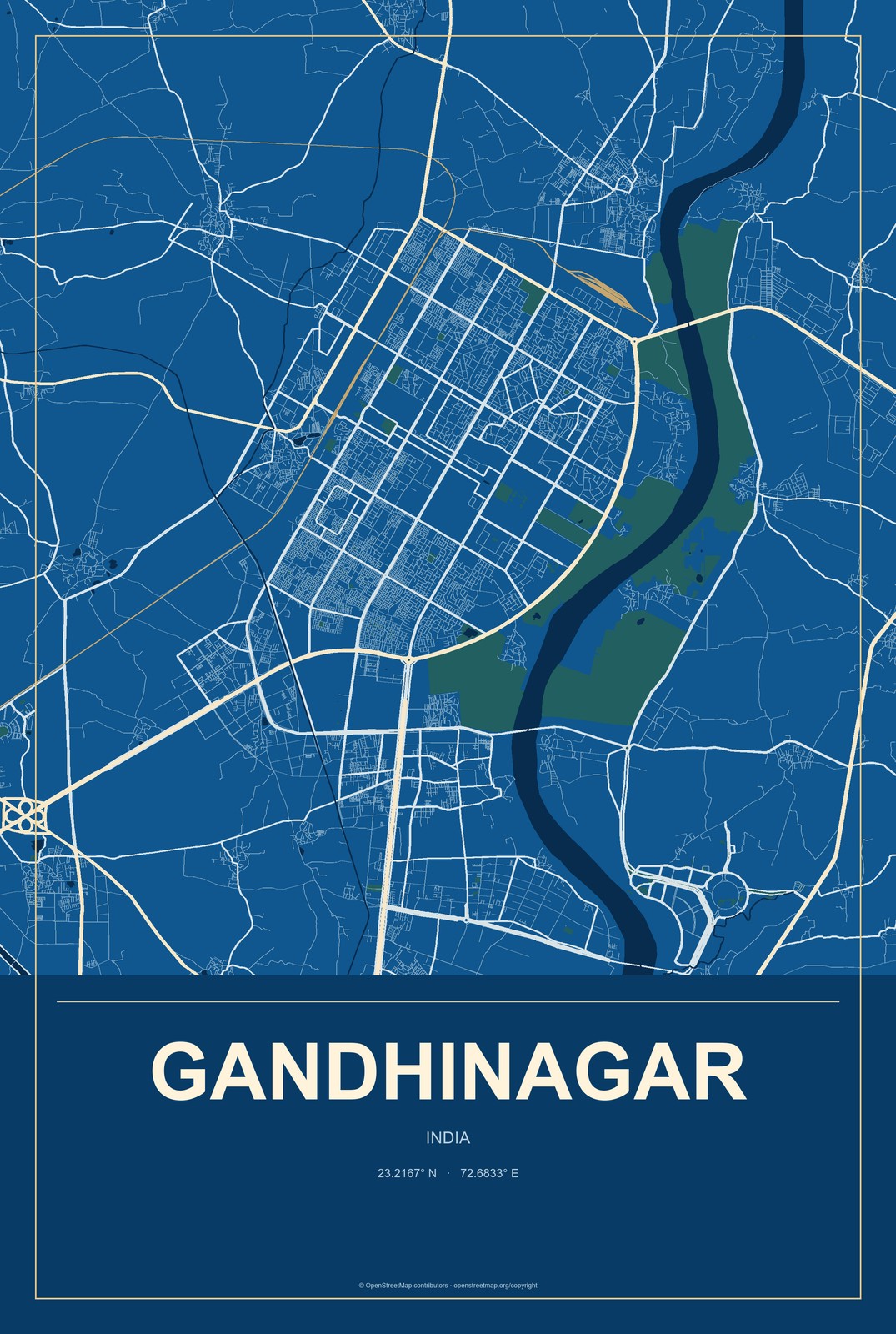 Gandhinagar, Maharashtra, India City Map Aluminum Sign in Harbor Cobalt style