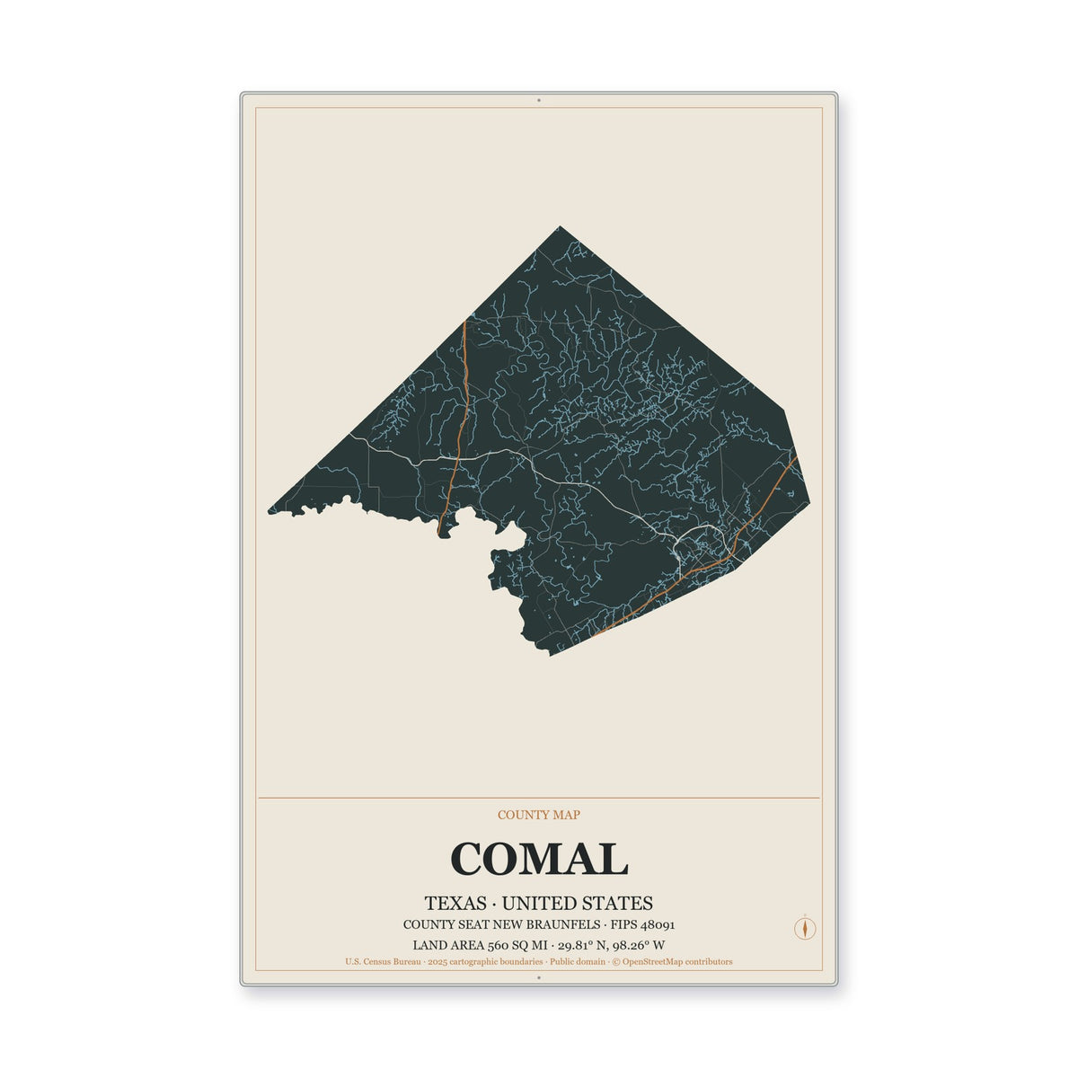 Comal County, Texas Map Aluminum Sign in Headline Atlas style