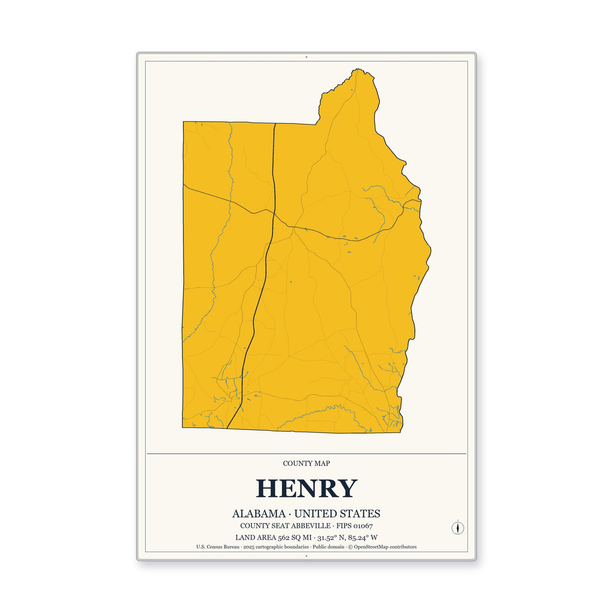Henry County, Alabama Map Aluminum Sign in Citrine Modern style
