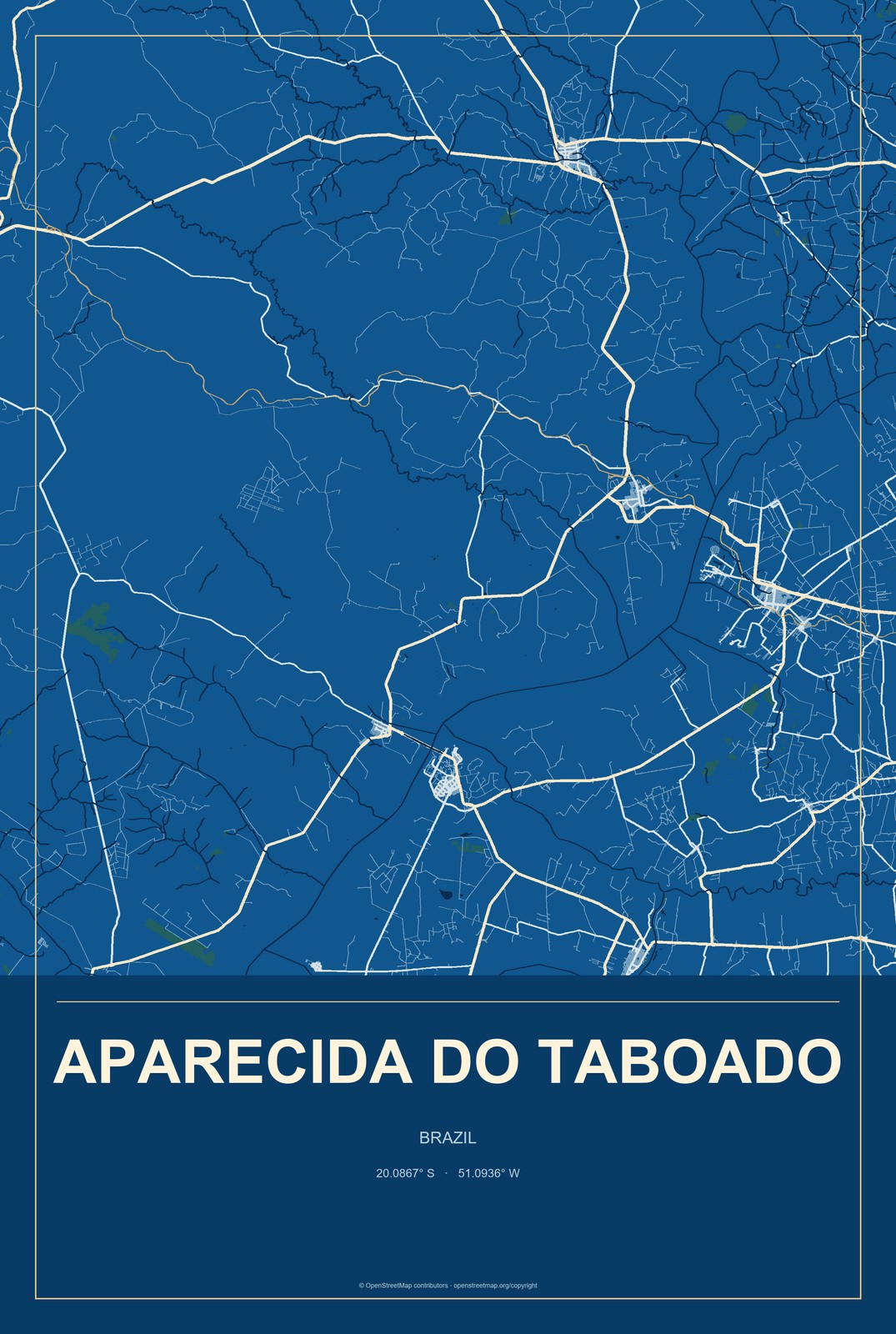 Aparecida do Taboado, Brazil City Map Aluminum Sign in Harbor Cobalt style