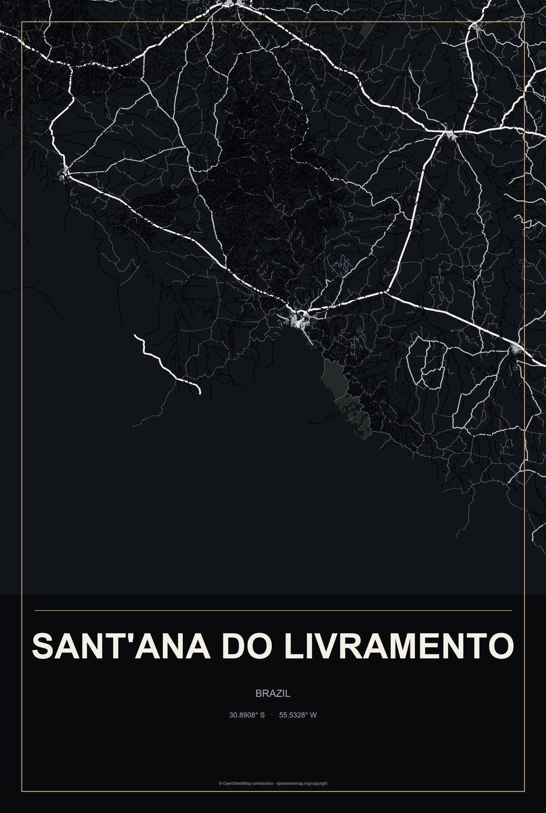 Sant'Ana do Livramento, Brazil City Map Aluminum Sign in Metropolitan Noir style