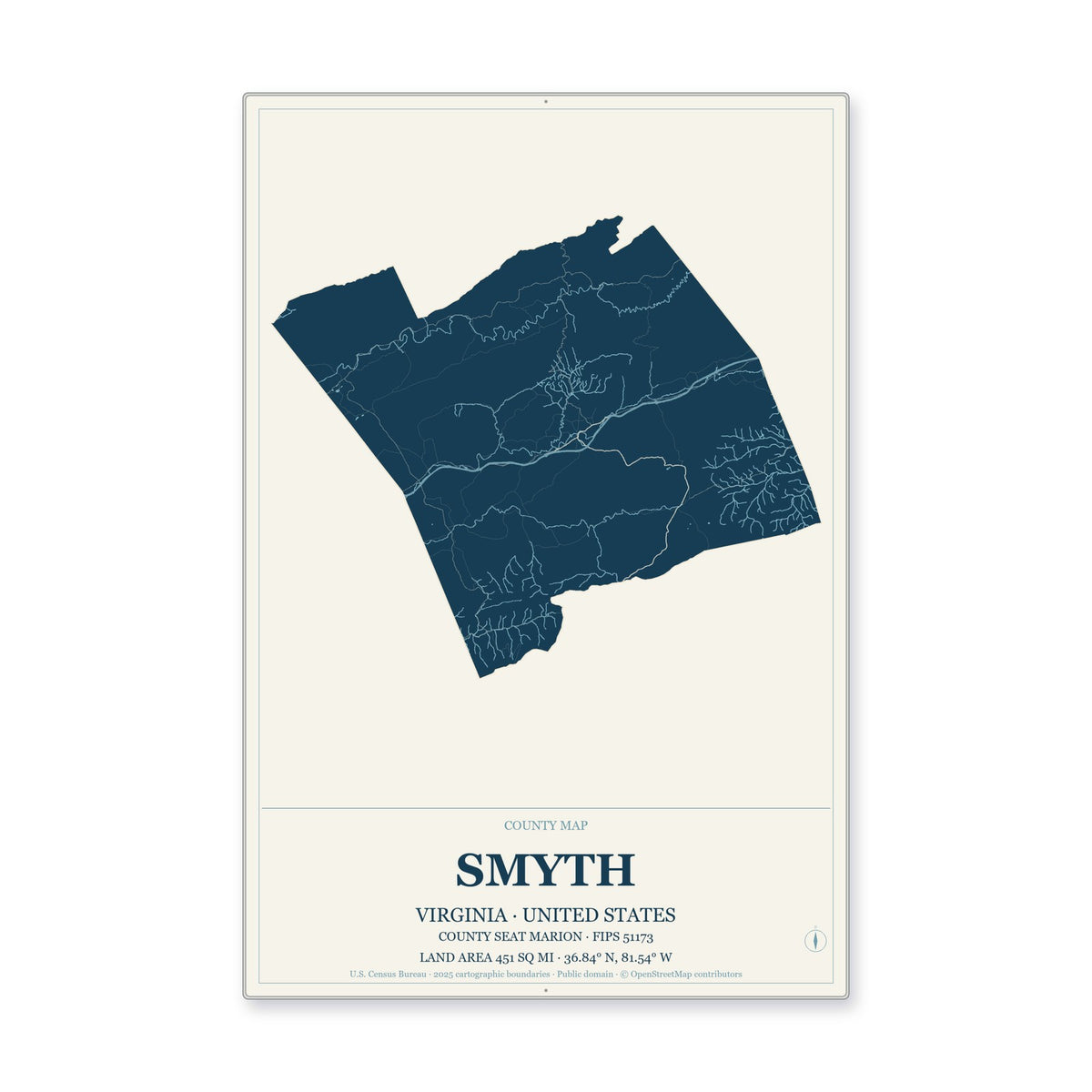 Smyth County, Virginia Map Aluminum Sign in Coastal Cutout style