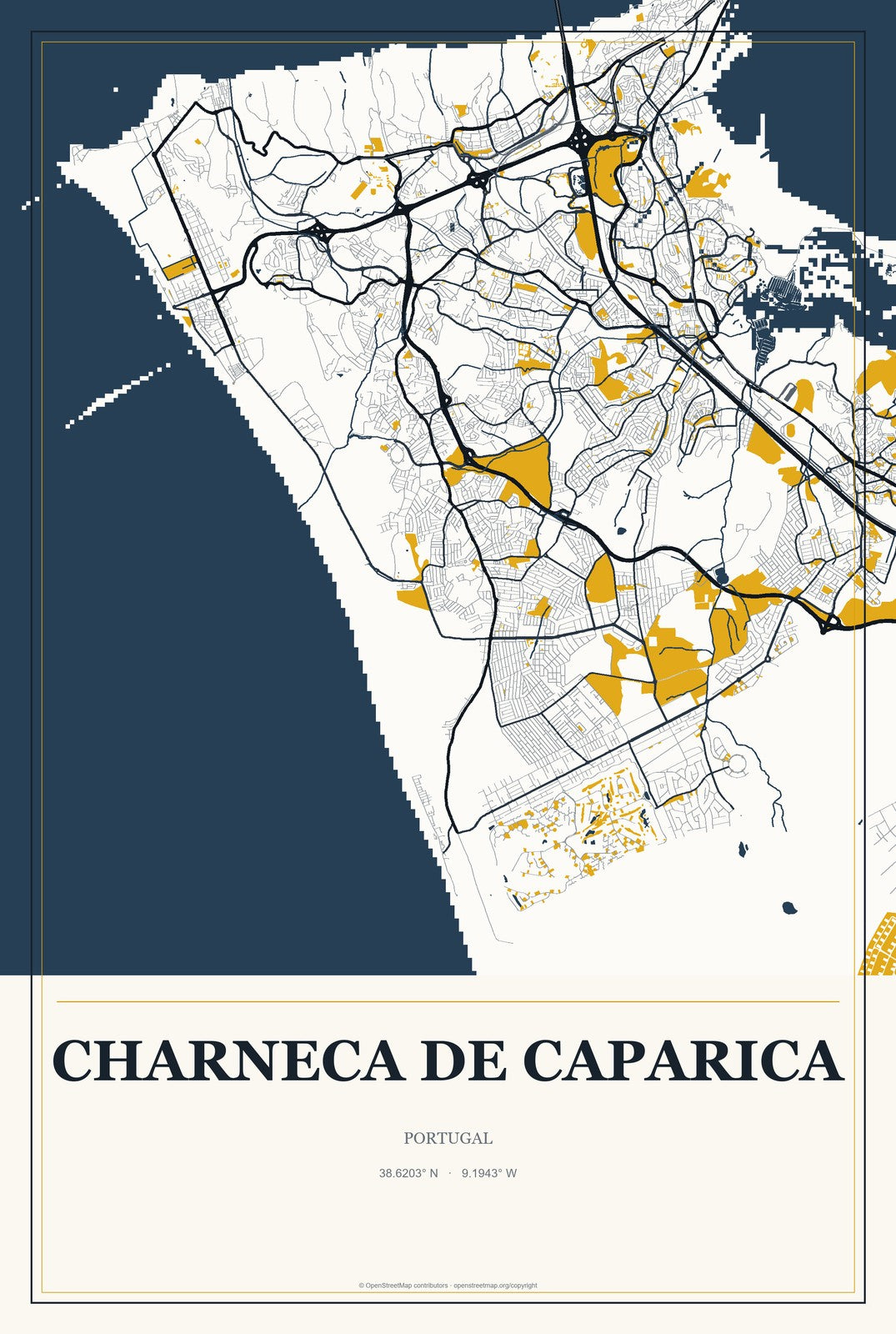 Charneca de Caparica, Portugal City Map Aluminum Sign in Citrine Modern style