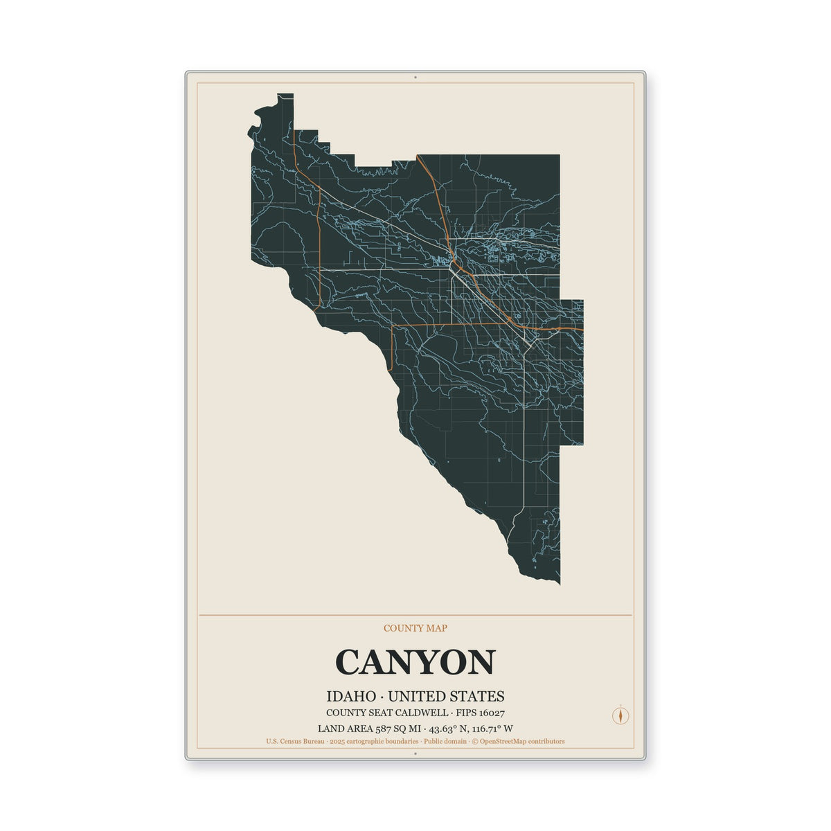 Canyon County, Idaho Map Aluminum Sign in Headline Atlas style