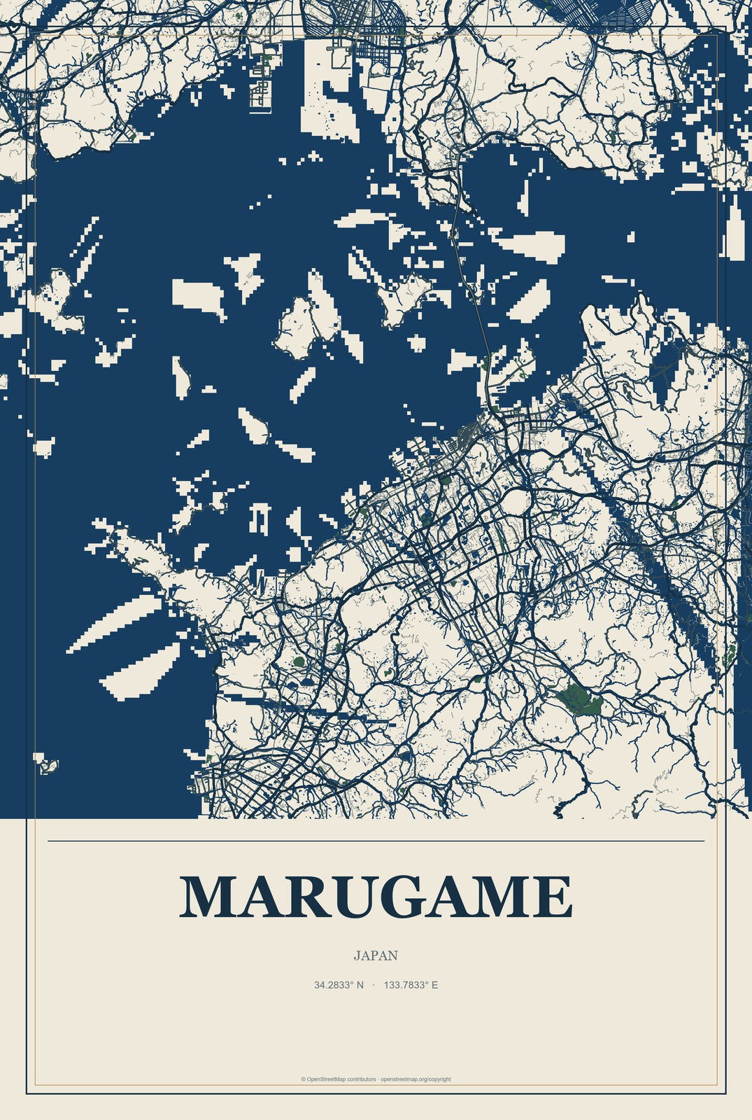 Marugame, Japan City Map Aluminum Sign in Coastal Cutout style