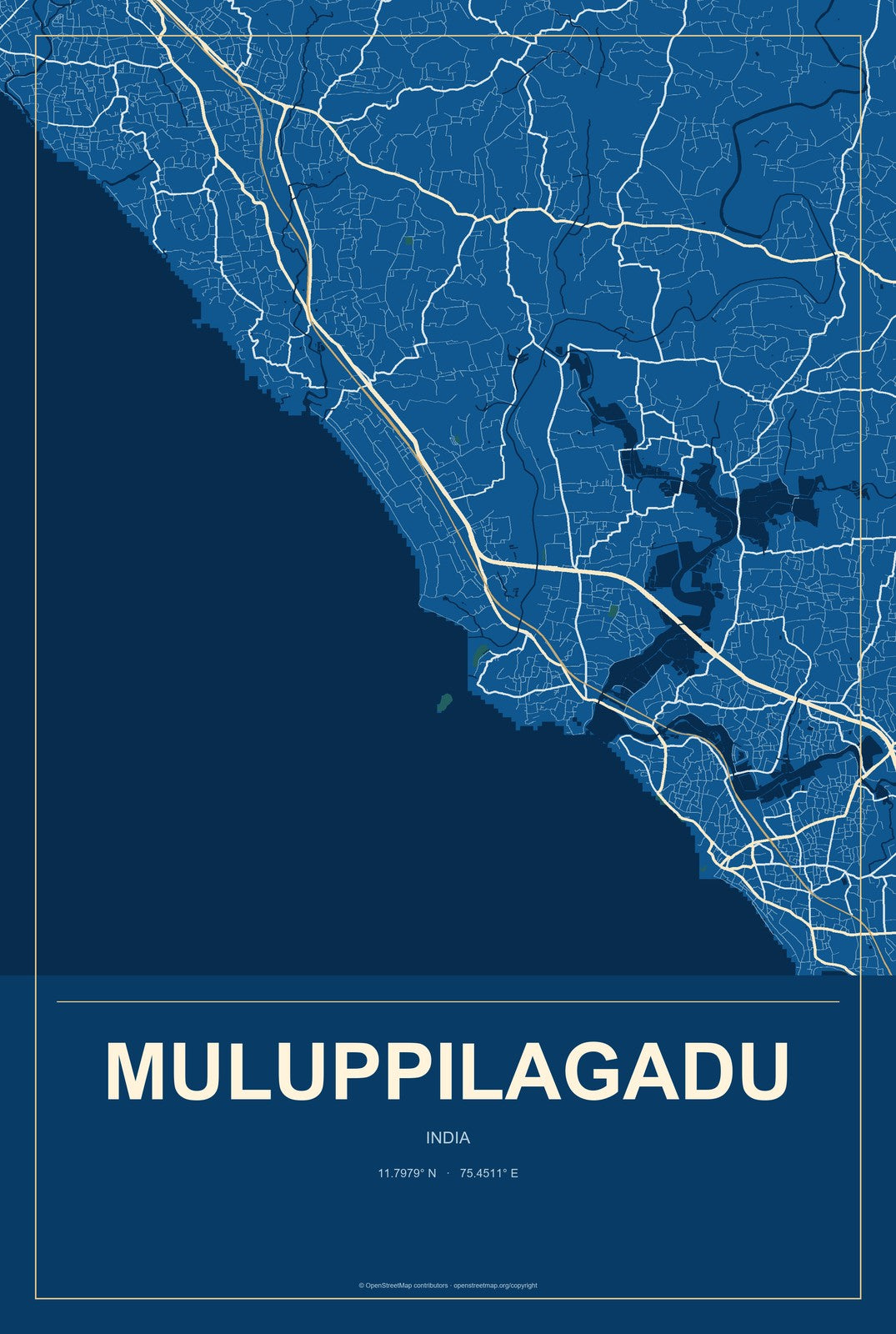 Muluppilagadu, India City Map Aluminum Sign in Harbor Cobalt style