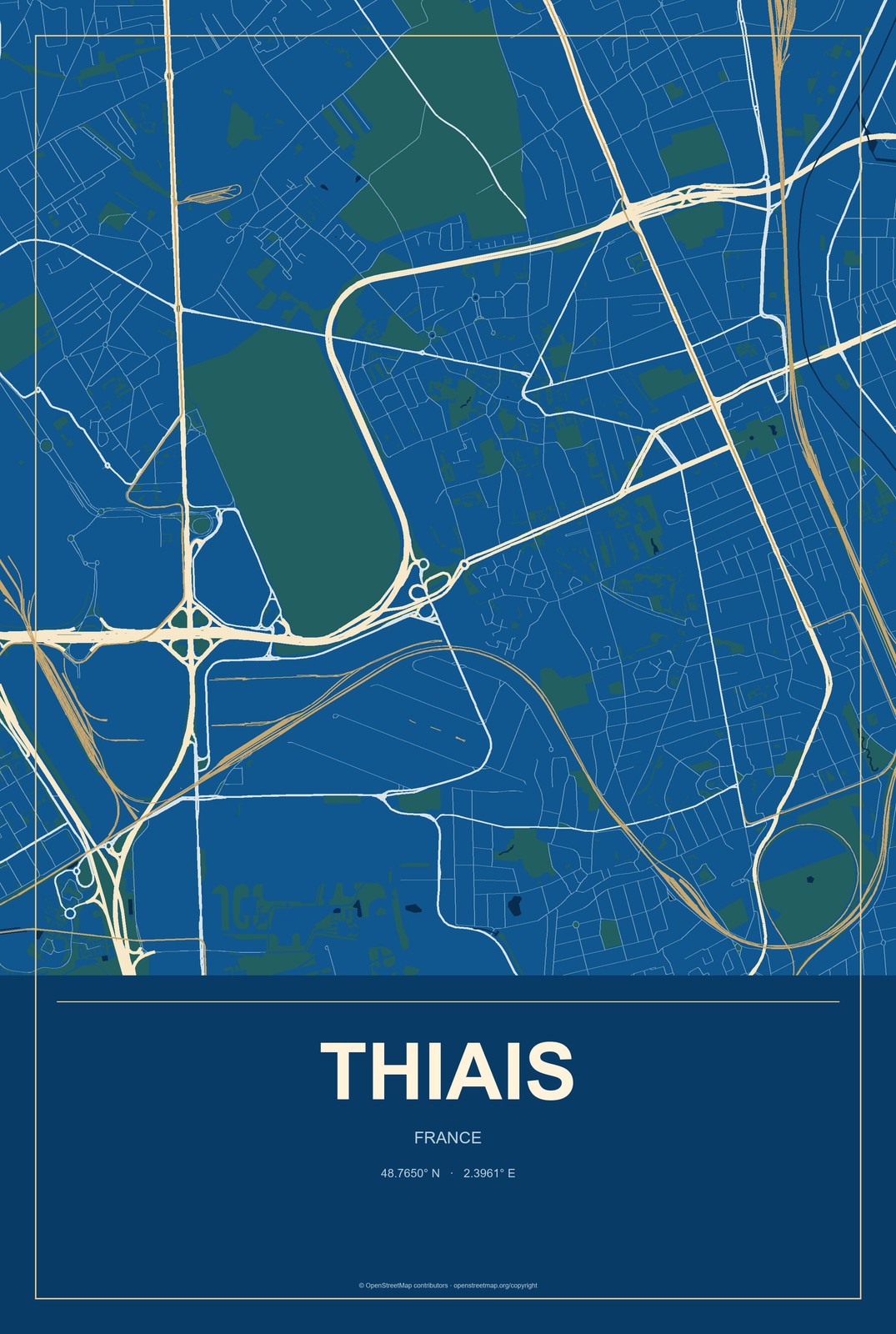 Thiais, France City Map Aluminum Sign in Harbor Cobalt style