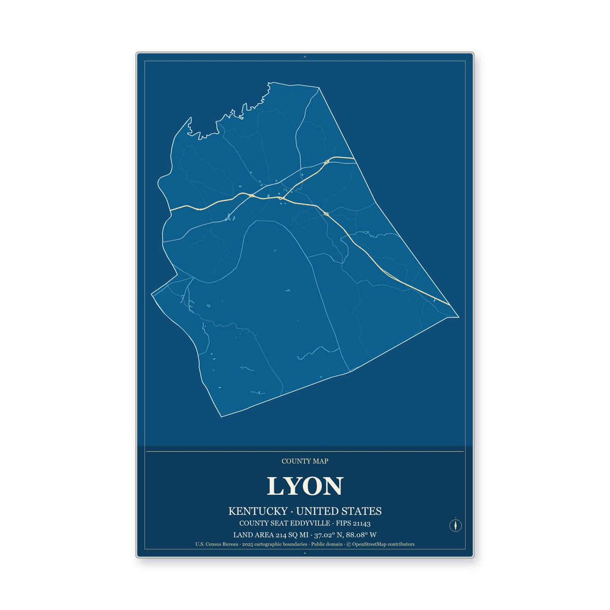 Lyon County, Kentucky Map Aluminum Sign in Harbor Cobalt style