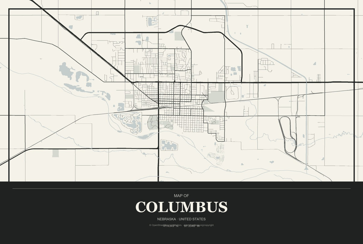 Columbus, Nebraska City Map Aluminum Sign in Museum Plaque style