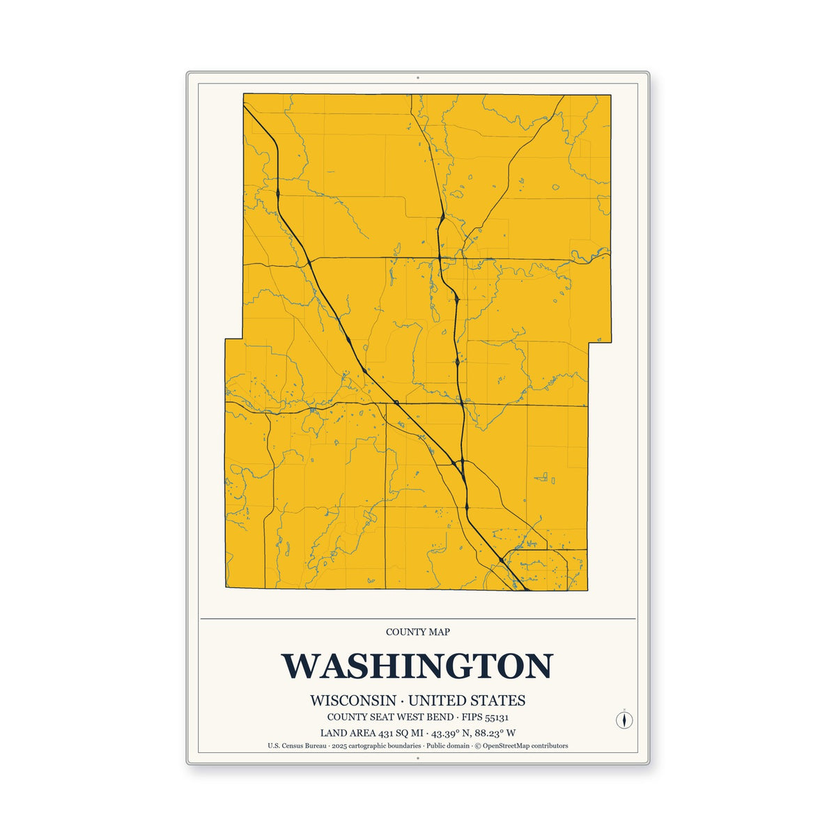 Washington County, Wisconsin Map Aluminum Sign in Citrine Modern style