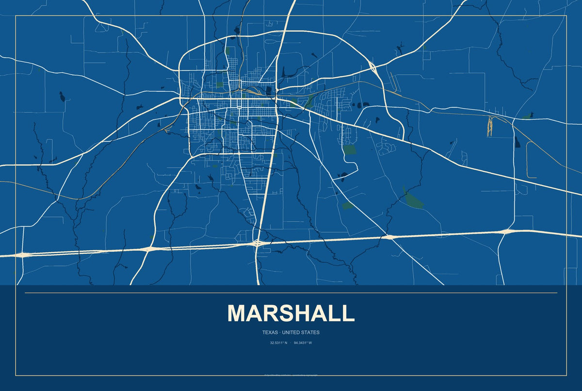 Marshall, Texas City Map Aluminum Sign in Harbor Cobalt style