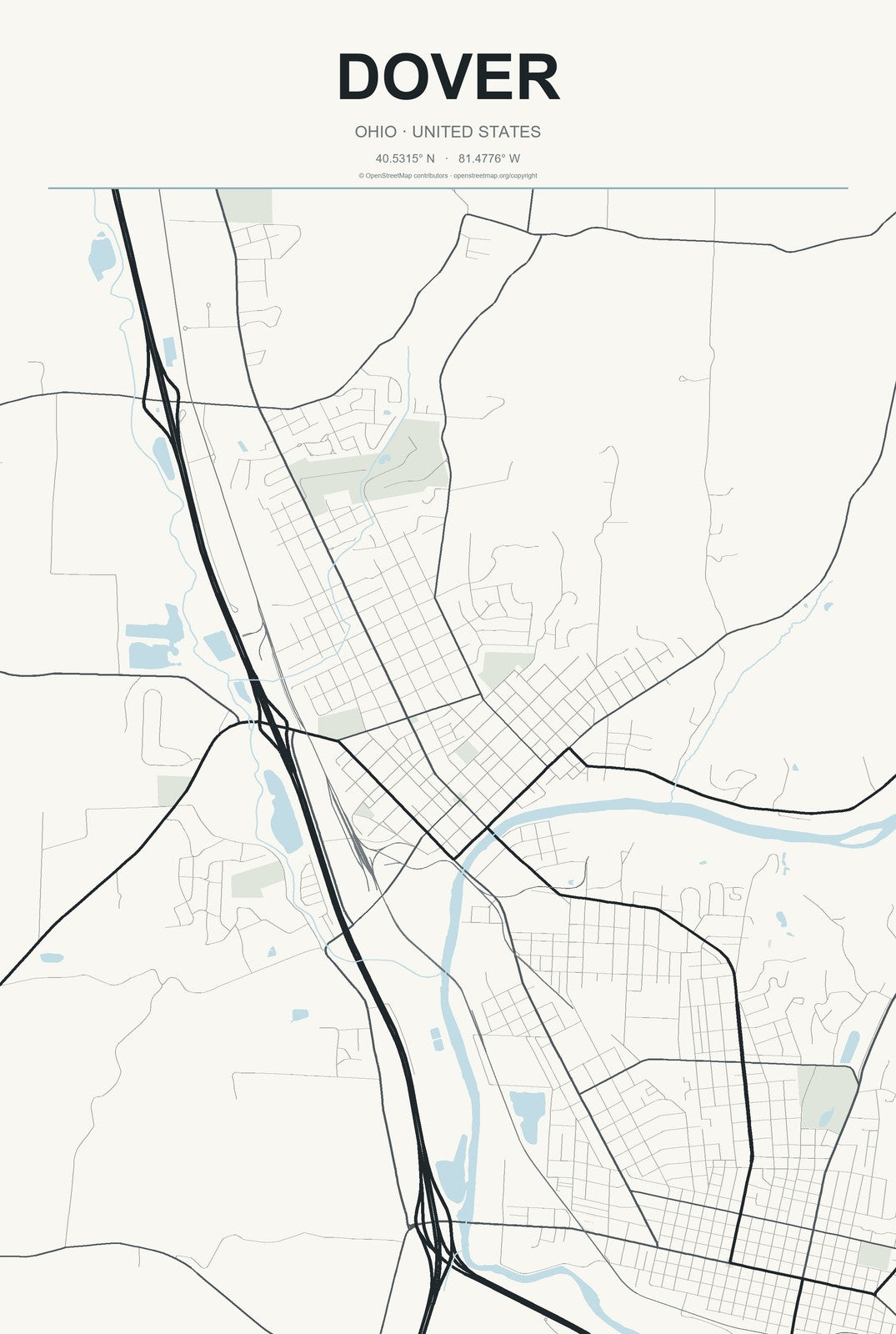 Dover, Ohio City Map Aluminum Sign in Headline Atlas style