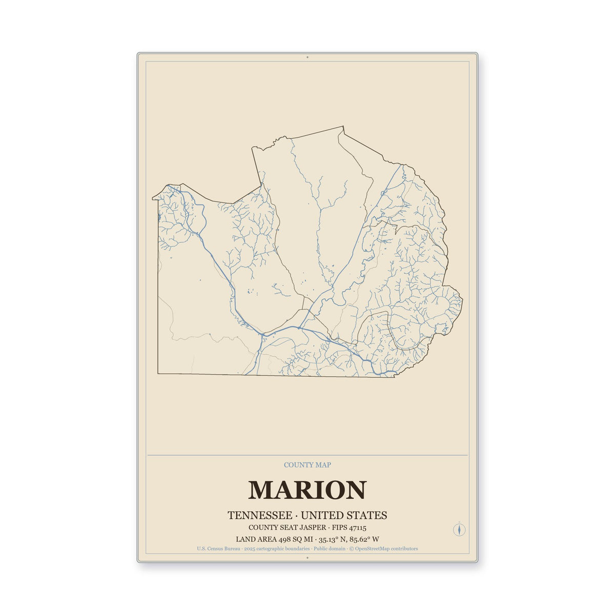 Marion County, Tennessee Map Aluminum Sign in Heritage Nautical style