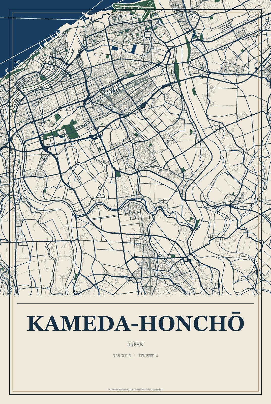 Kameda-honchō, Japan City Map Aluminum Sign in Coastal Cutout style