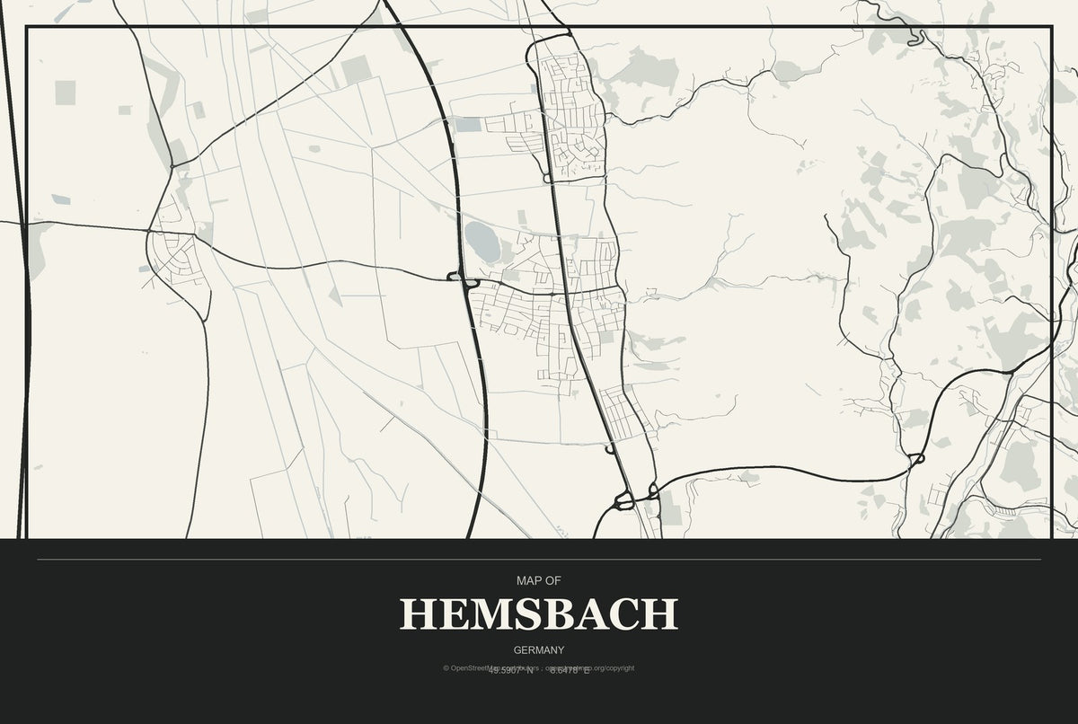Hemsbach, Germany City Map Aluminum Sign in Museum Plaque style