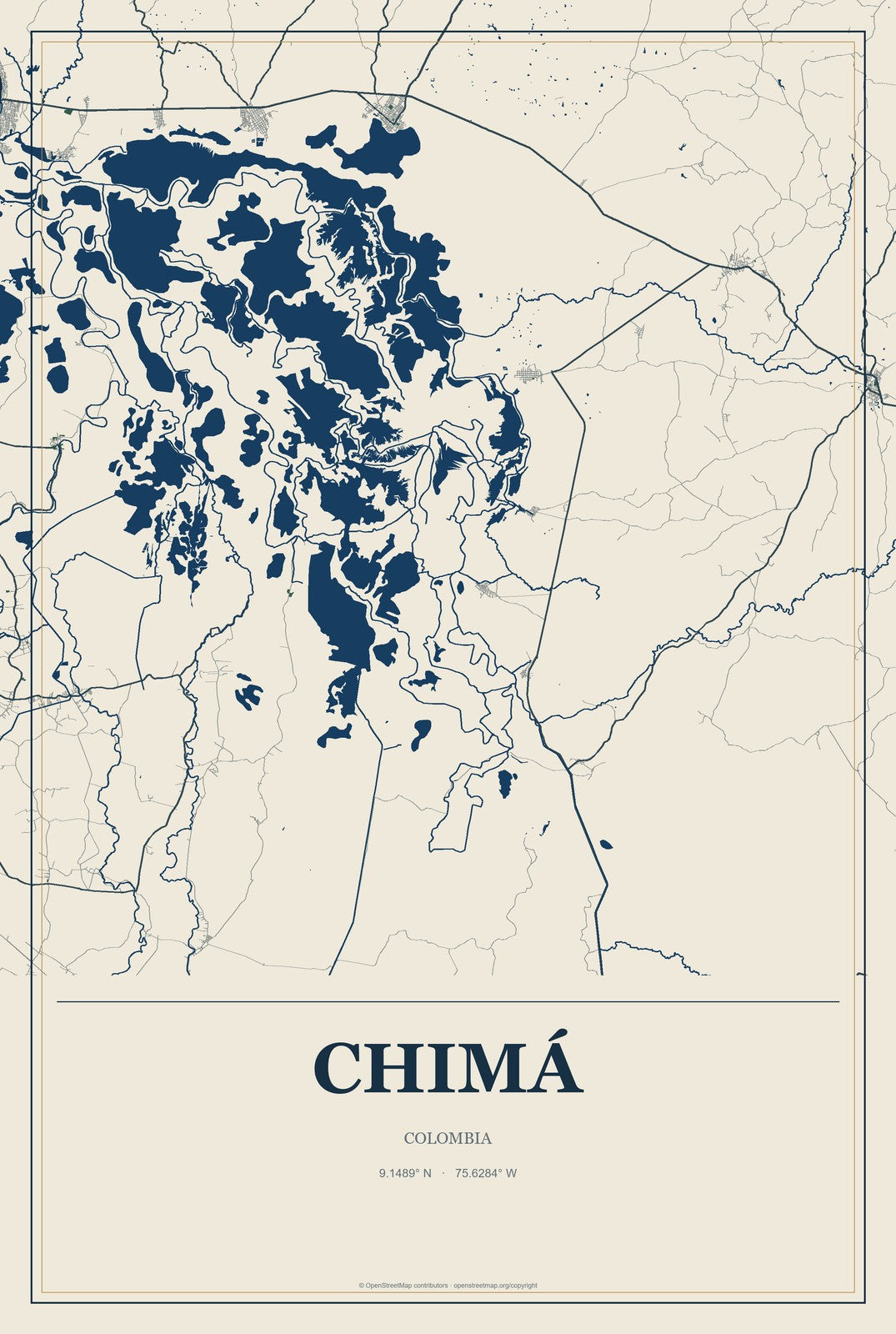 Chimá, Colombia City Map Aluminum Sign in Coastal Cutout style