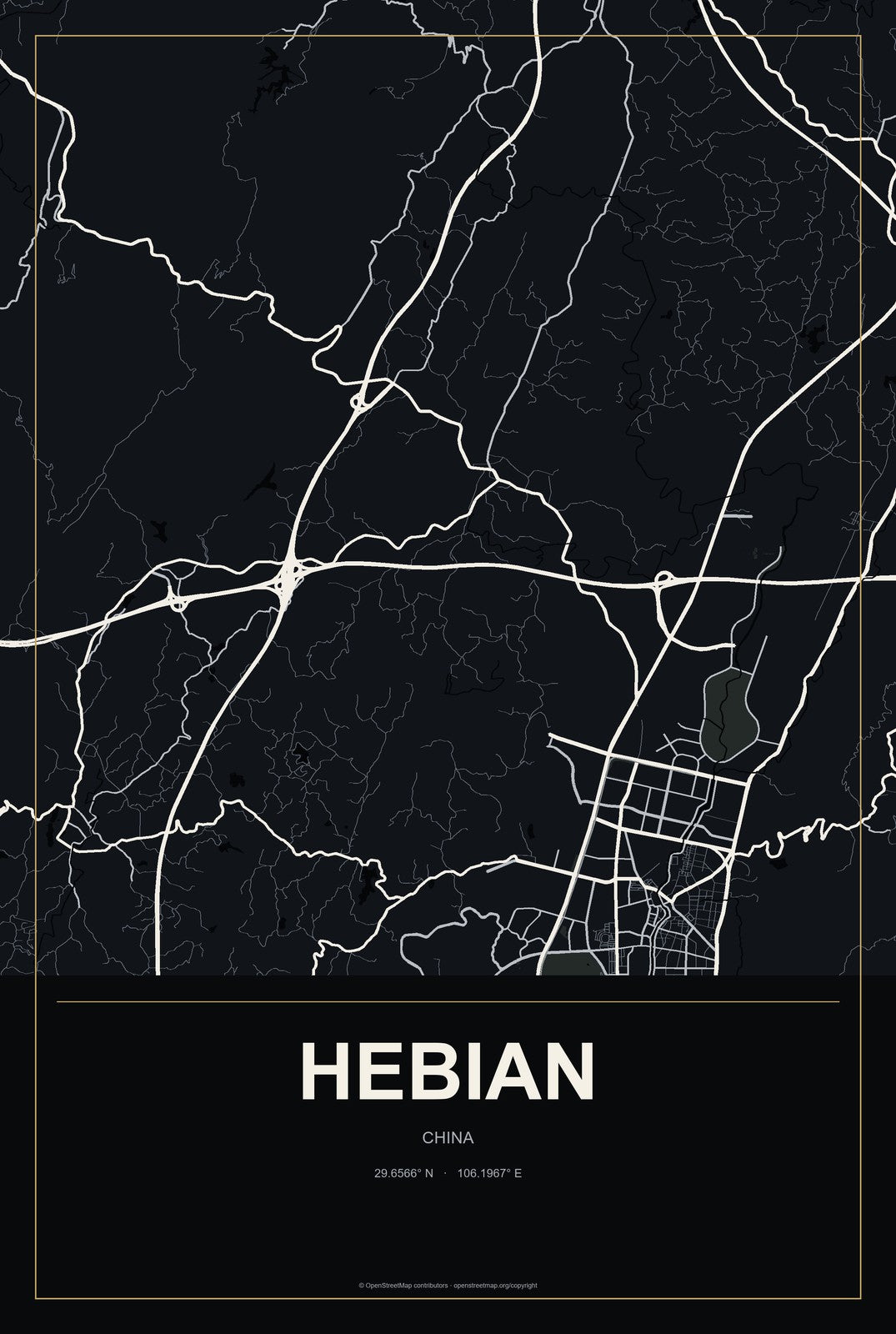 Hebian, China City Map Aluminum Sign in Metropolitan Noir style