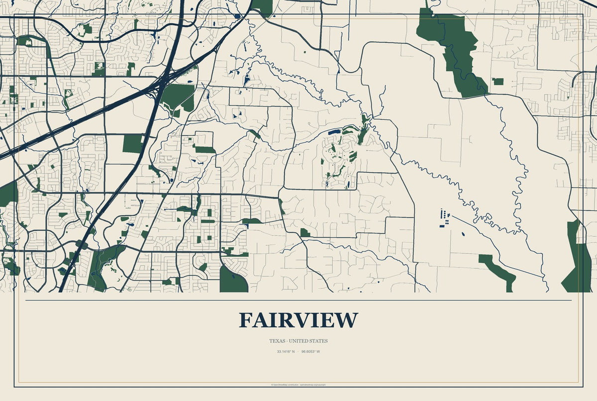 Fairview, Texas City Map Aluminum Sign in Coastal Cutout style