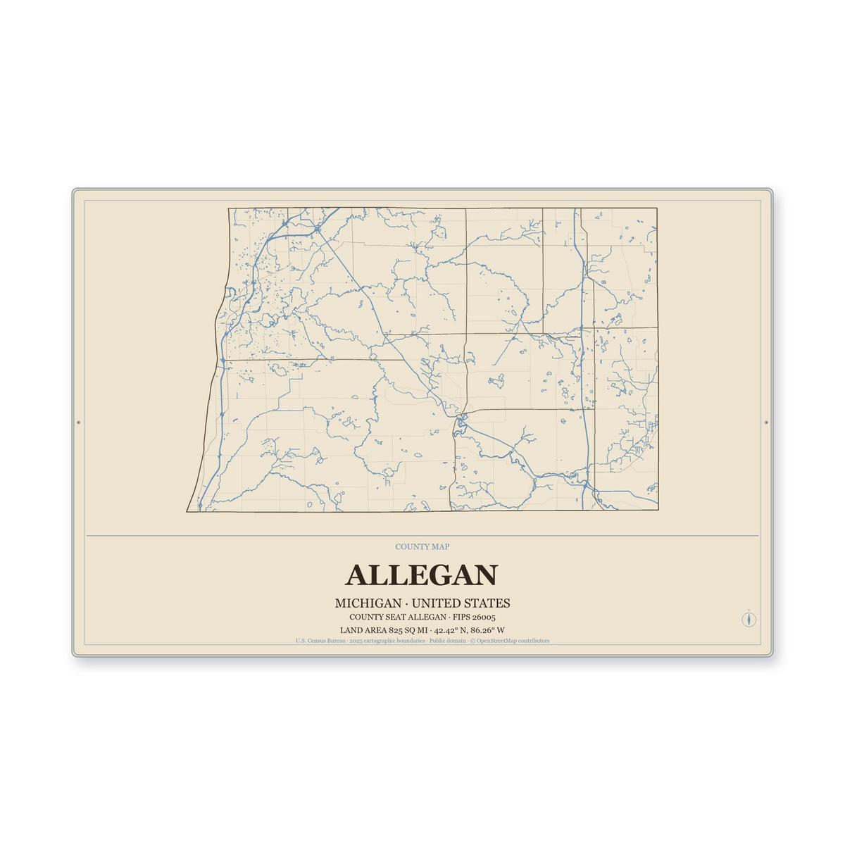 Allegan County, Michigan Map Aluminum Sign in Heritage Nautical style