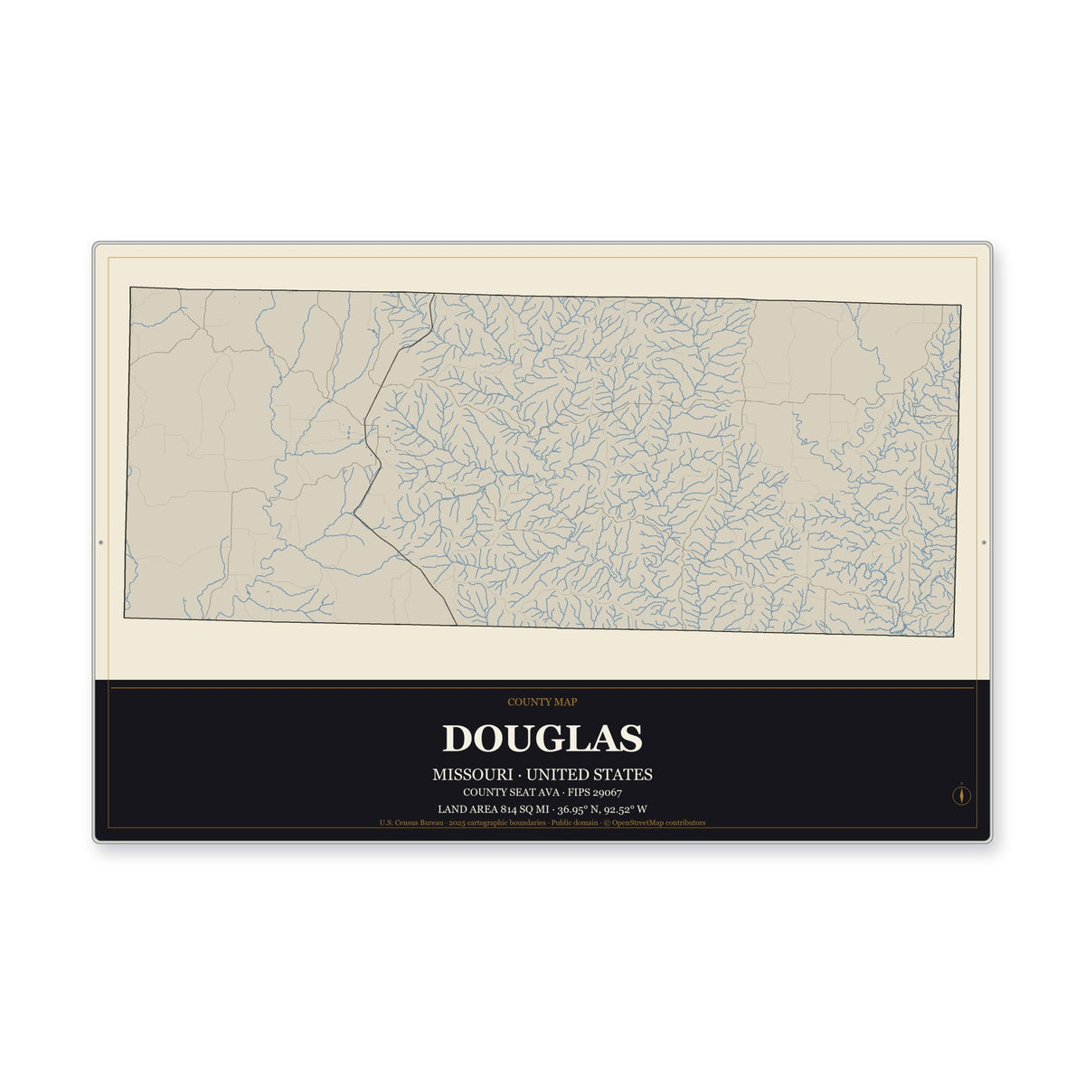 Douglas County, Missouri Map Aluminum Sign in Museum Plaque style