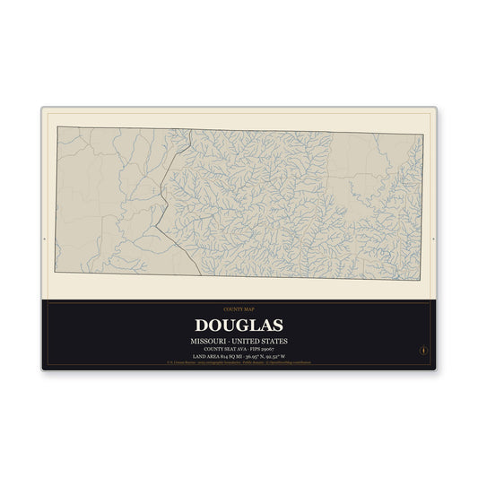 Douglas County, Missouri Map Aluminum Sign in Museum Plaque style
