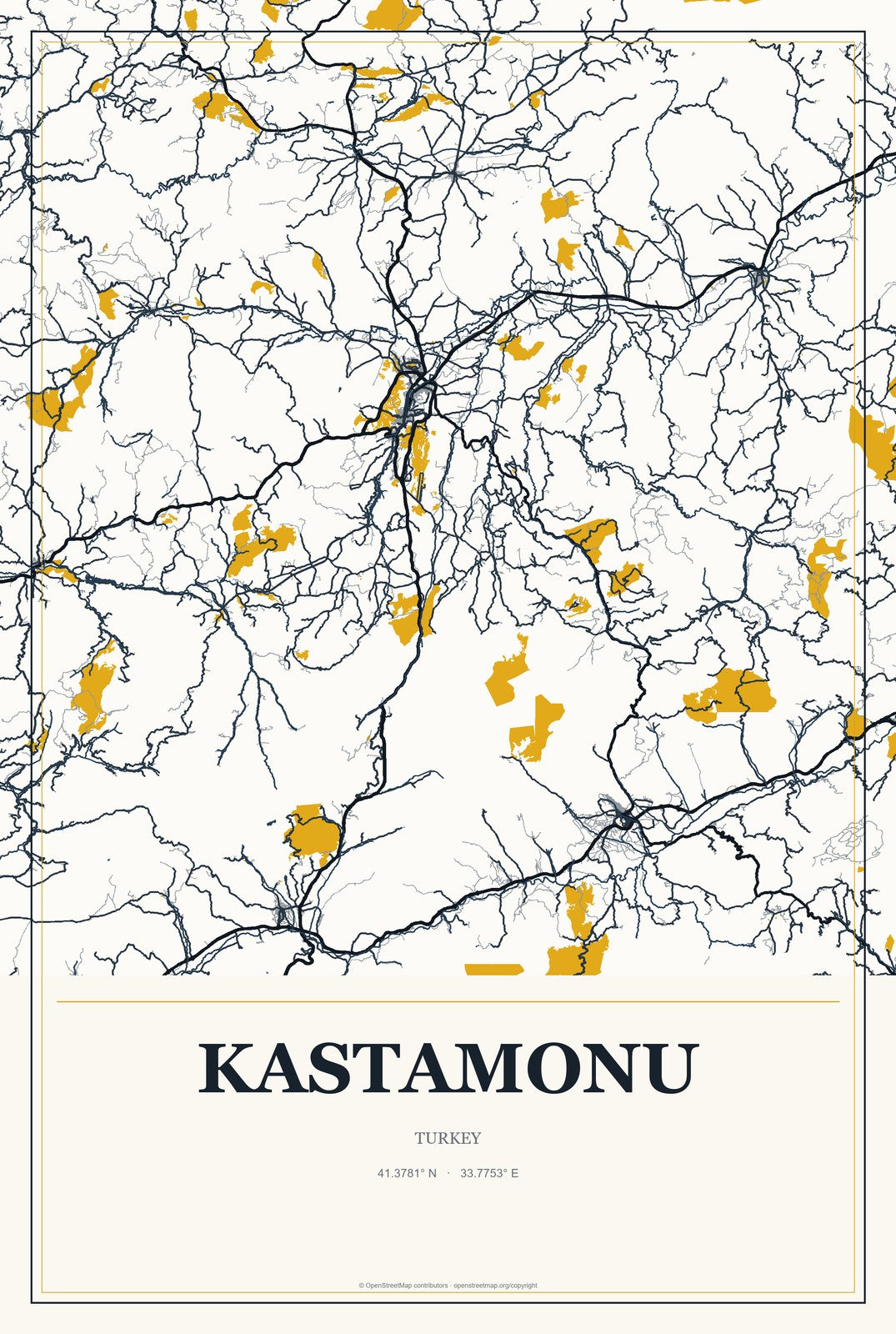 Kastamonu, Turkey City Map Aluminum Sign in Citrine Modern style