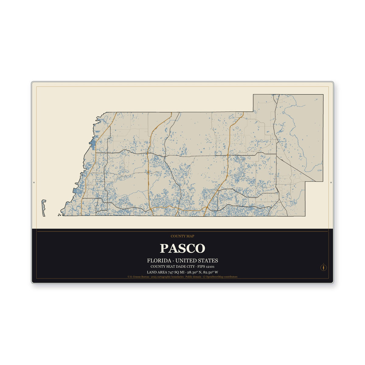 Pasco County, Florida Map Aluminum Sign in Museum Plaque style