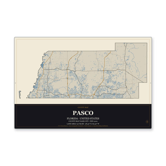 Pasco County, Florida Map Aluminum Sign in Museum Plaque style