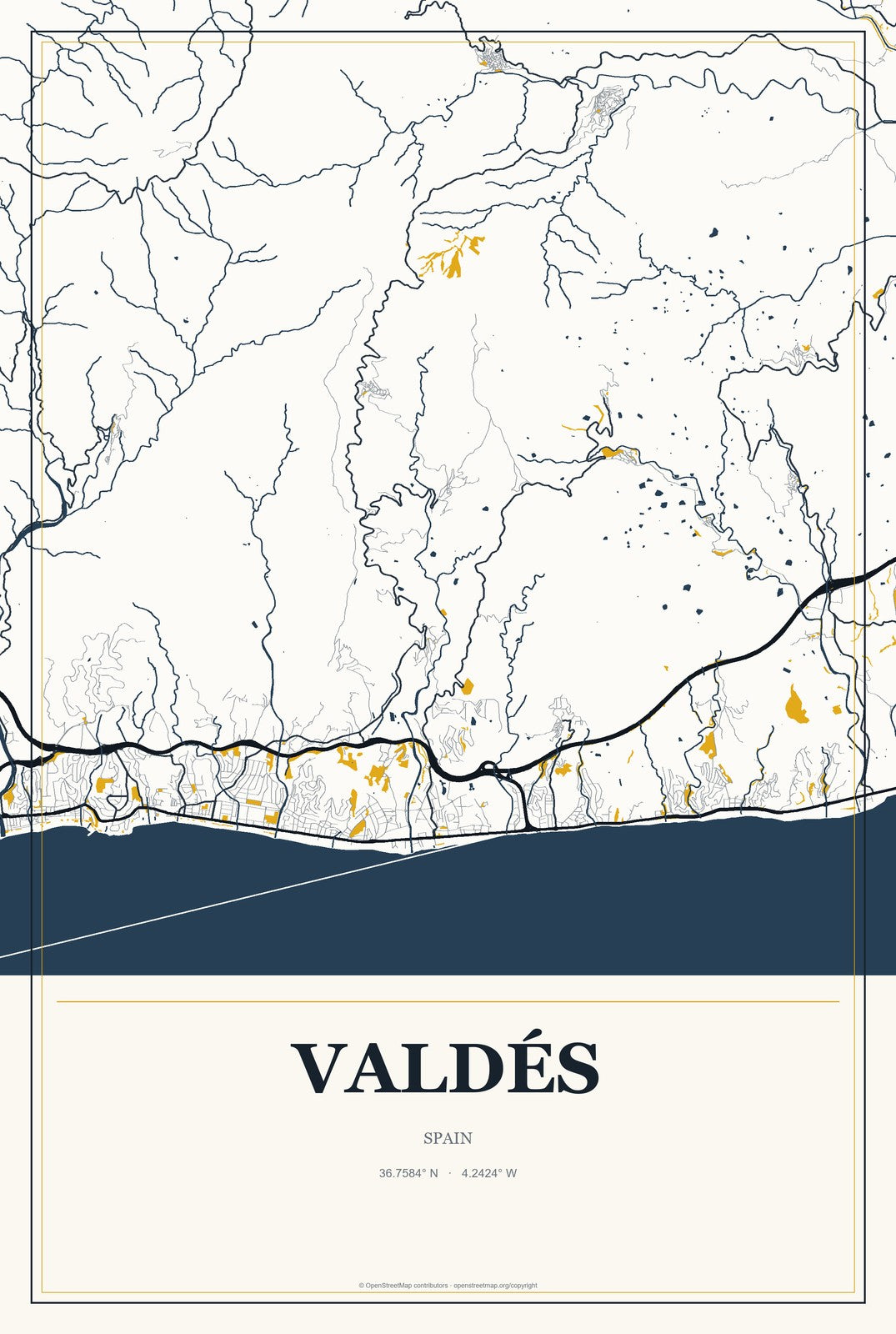 Valdés, Spain City Map Aluminum Sign in Citrine Modern style