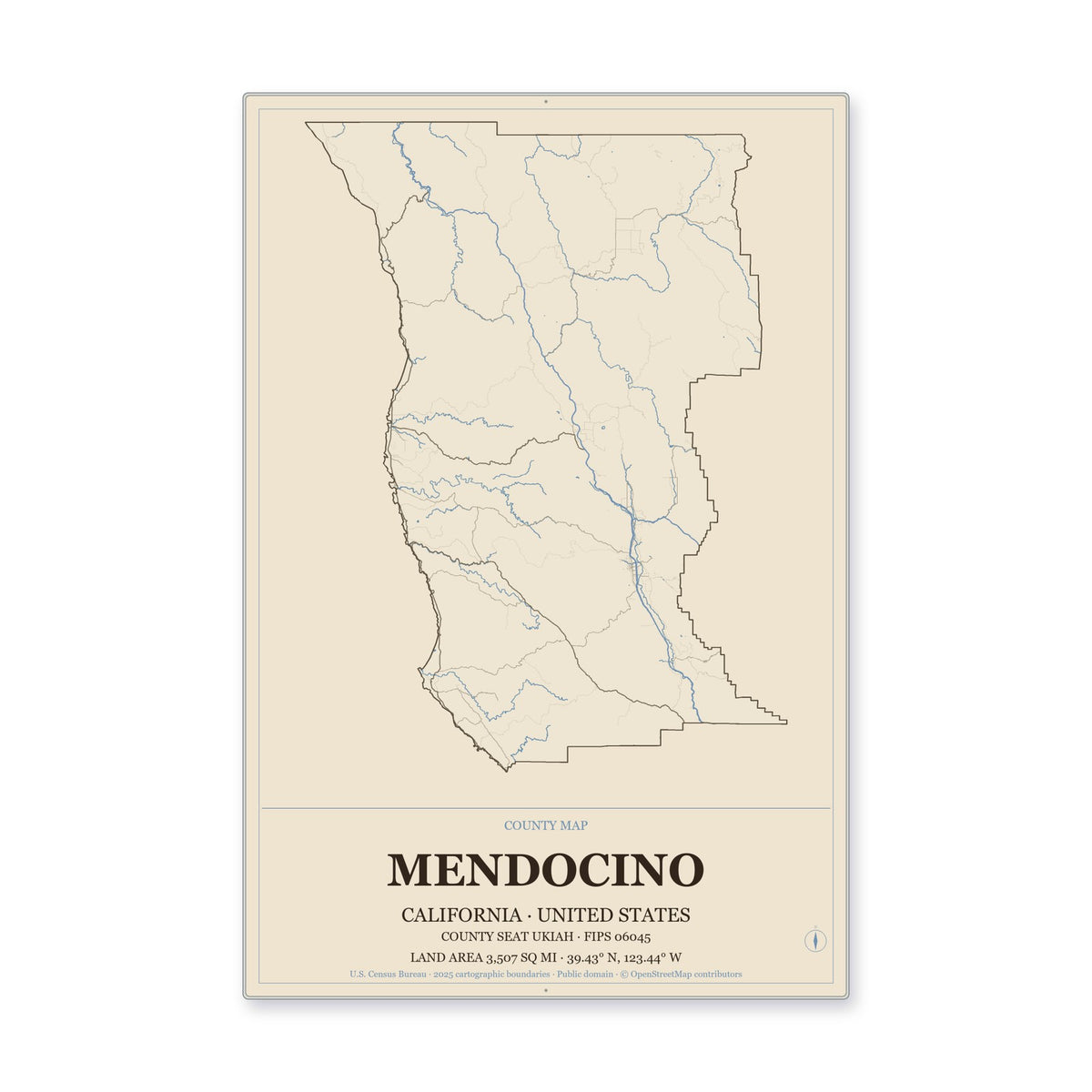 Mendocino County, California Map Aluminum Sign in Heritage Nautical style