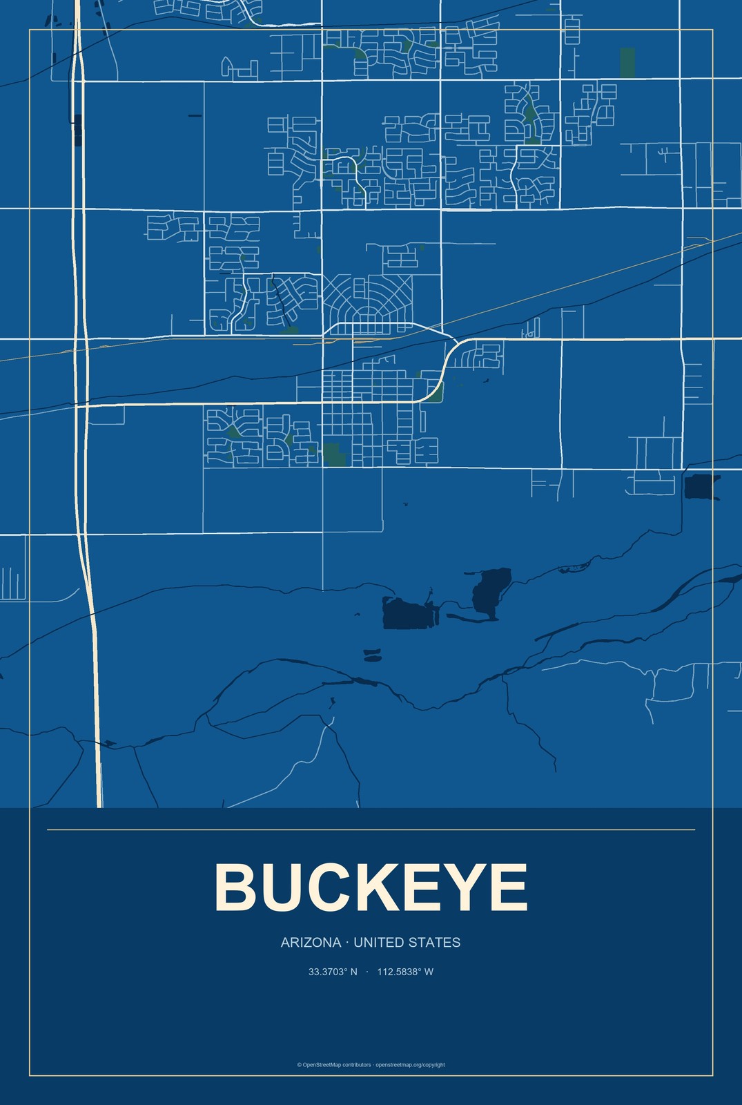 Buckeye, Arizona City Map Aluminum Sign in Harbor Cobalt style