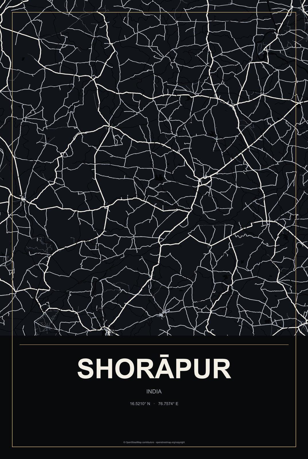 Shorāpur, India City Map Aluminum Sign in Metropolitan Noir style