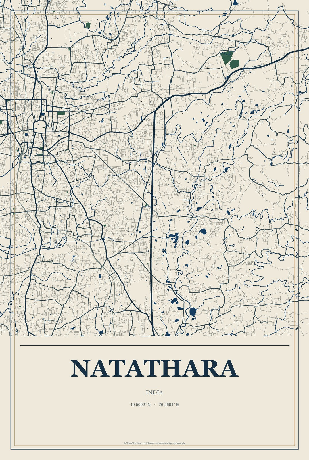 Natathara, India City Map Aluminum Sign in Coastal Cutout style