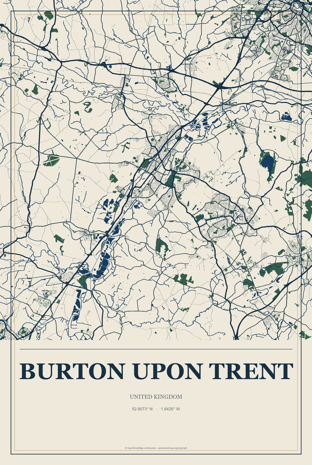 Burton upon Trent, United Kingdom City Map Aluminum Sign in Coastal Cutout style