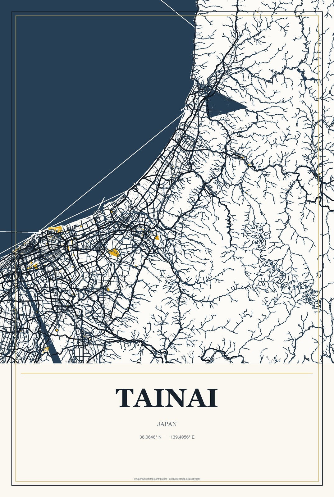 Tainai, Japan City Map Aluminum Sign in Citrine Modern style