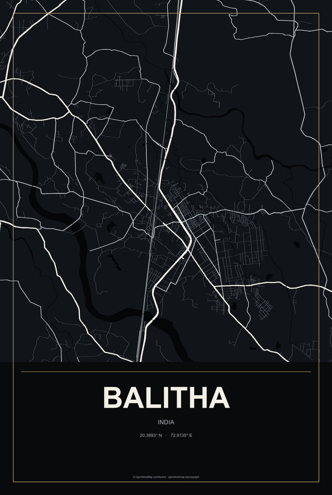 Balitha, India City Map Aluminum Sign in Metropolitan Noir style